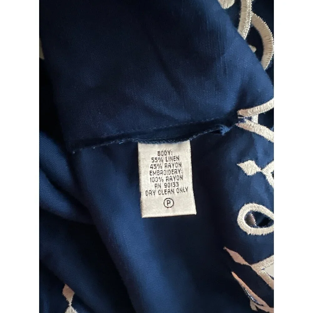 Bob Mackie Blue Linen Blend Jacket Open White Embroidered Hem & Cuffs Size 2X - Picture 6 of 6